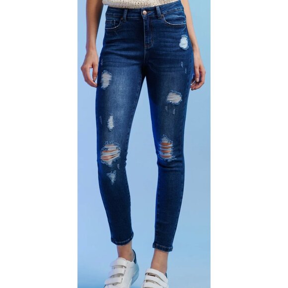 Enjean Women Size 7/28 High Rise Destructed Skinny Jeans Dark Wash Comfort - Picture 2 of 16